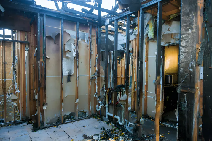 Charred Home Interior Post-Fire Awaiting Restoration by KKRestore Highlighting the Need for Expert Services