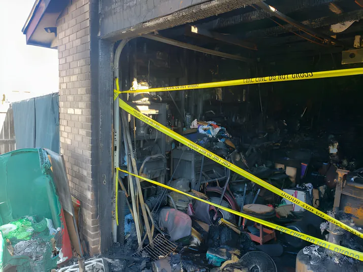Fire-Damaged Garage Secured with Caution Tape Awaiting KKRestore's Expert Restoration Services